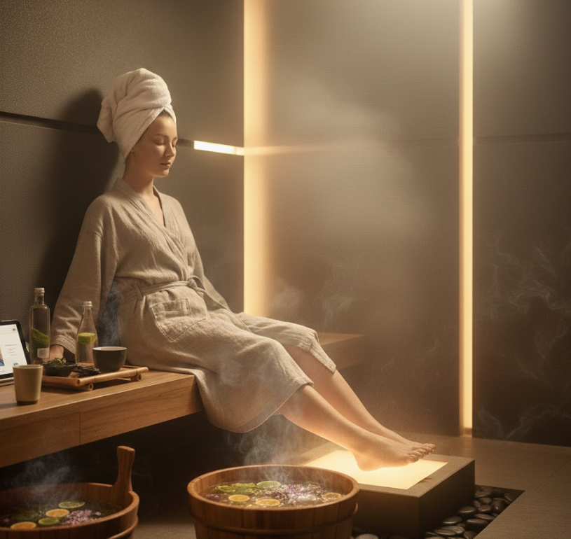 पसिना बाफ गर्ने कोठामा खुट्टा मसाज गर्न गहिरो कल्याण गाइड